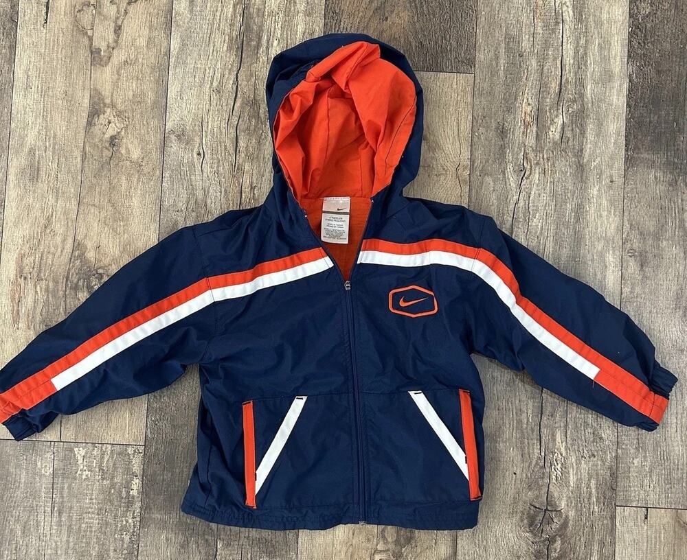 Nike Children’s 4T Hooded Windbreaker Jacket Full Zip Navy Orange VTG 0s Retro